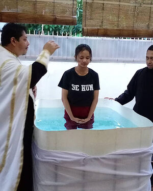 A catechumen being baptized