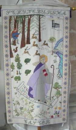 Patronal banner, St. Cyneburgh and the villains, in Castor Church, Cambs (provided by Dr. Avril Lumley-Prior)