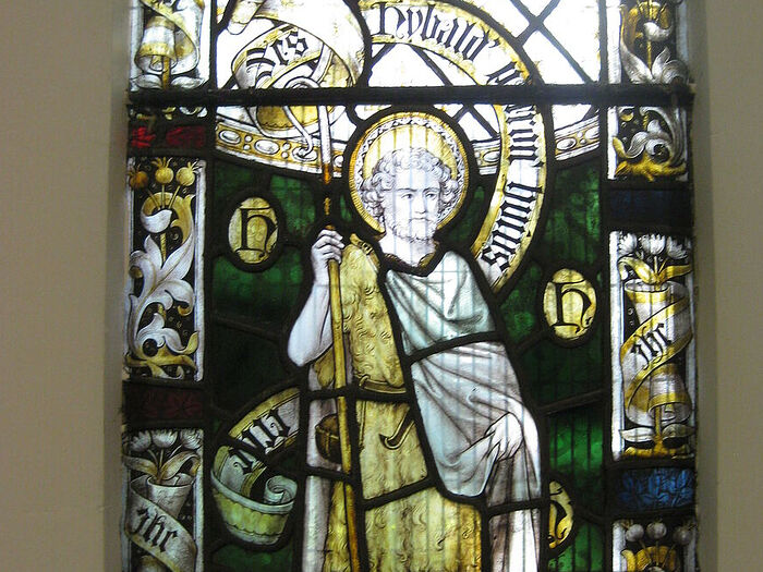 Depiction of St. Hibald on the east window of the Scawby church, Lincs (provided by Revd. David Eames)