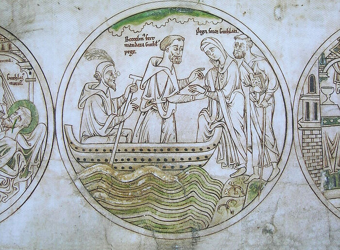 Guthlac Roll 15 (Pega is boarding a boat heading for Crowland; facsimile; provided by Dr. Avril Lumley-Prior) 