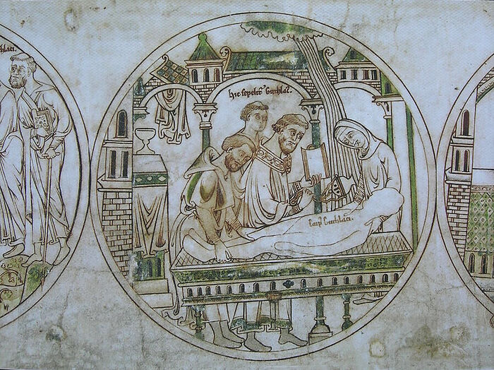 Guthlac Roll 16 (Pega is re-intering Guthlac's relics in a sarcophagus; facsimile; provided by Dr. Avril Lumley-Prior)