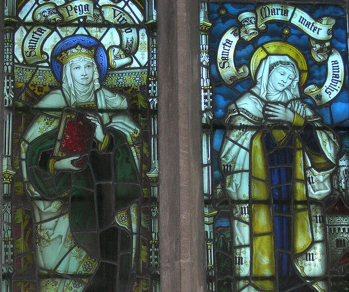 Images of St. Pega and the Mother of God on the east window of the church in Peakirk, Cambs (kindly provided by Dr. Avril Lumley-Prior)