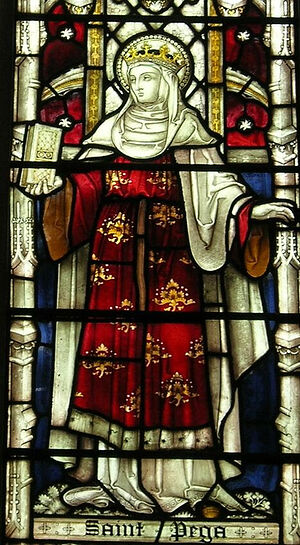 St. Pega depicted on stained glass at St. John the Baptist's Church in Peterborough, Cambs (kindly provided by Dr. Avril Lumley-Prior)