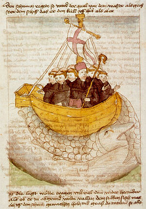 Св. Брендан с китом (рукопись XV в.)