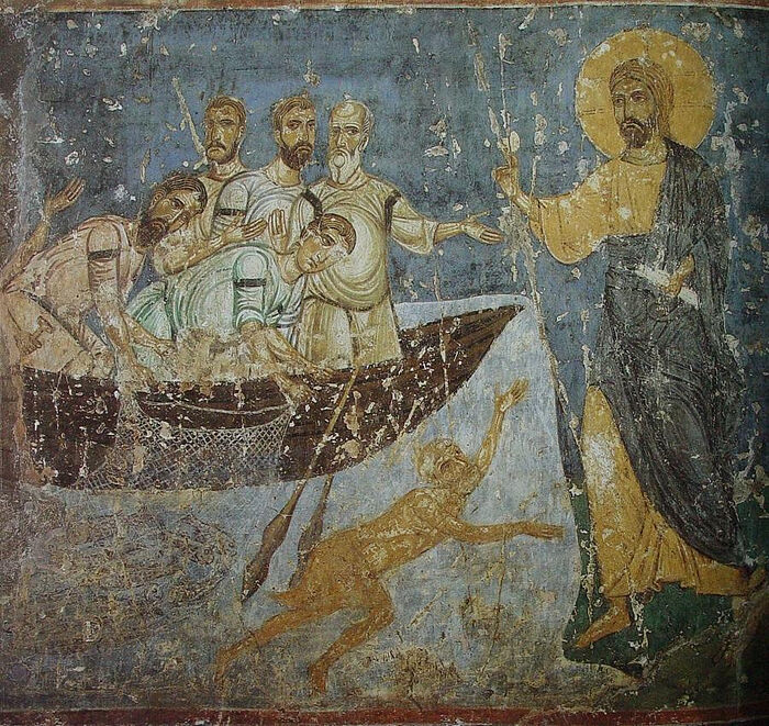 Christ’s appearance to the apostle on the Sea of Tiberius. Fresco, Cathedral of the Transfiguation, Mirozh Monastery, Pskov. 12th c.