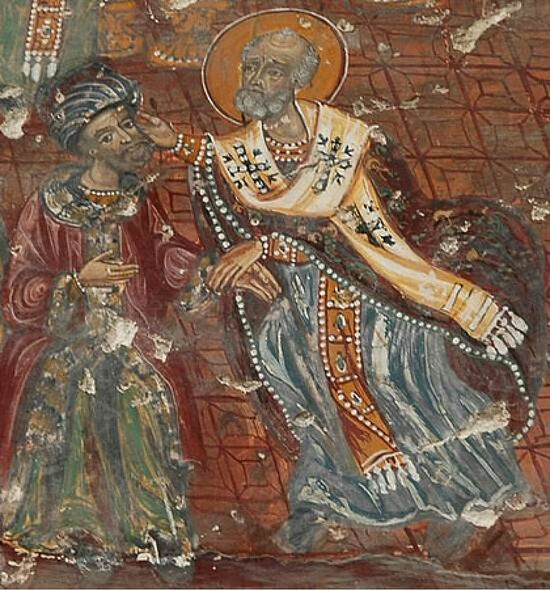 St. Nicholas gives Arius a slap in the face at the First Ecumenical Council