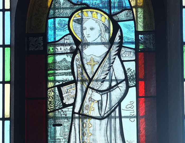 St. Arilda's stained glass window at St. Arilda's Church in Oldbury-on-Severn, Glos (provided by Martin Fardell, Oldbury-on-Severn)