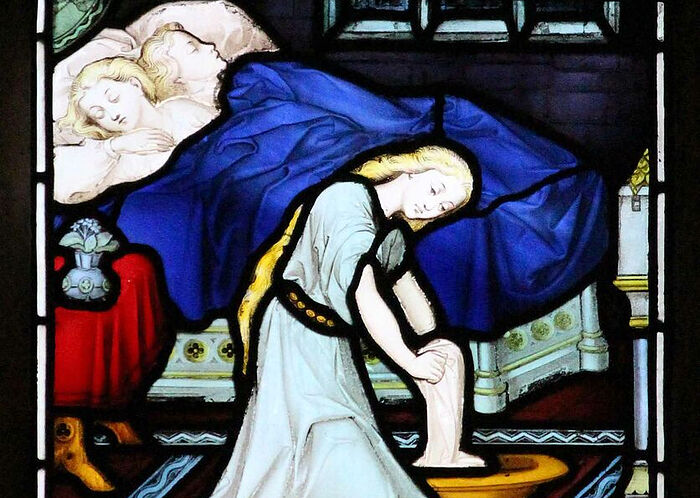 Stained glass depicting St. Edburga's Life scene inside Pershore Abbey, Worcs (kindly provided by Dr. Judith Dale)