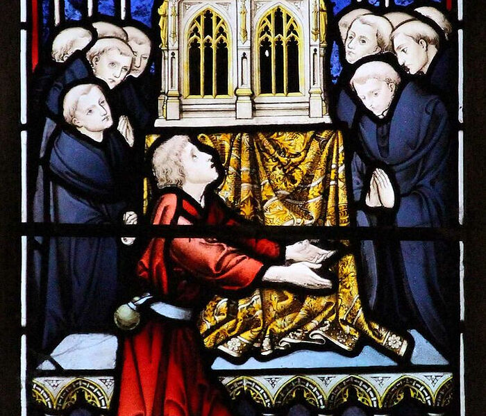 Stained glass depicting St. Edburga's medieval shrine and miracles at Pershore Abbey, Worcs (kindly provided by Dr. Judith Dale)