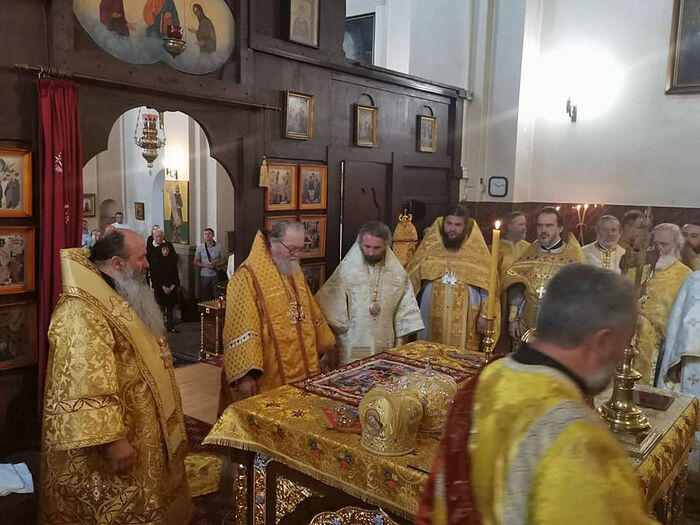 L to R in front of the altar table: Bp. Simeon of Ugol, Abp. Michael of Prague, Bp. Joachim of Beroun. Photo: Facebook