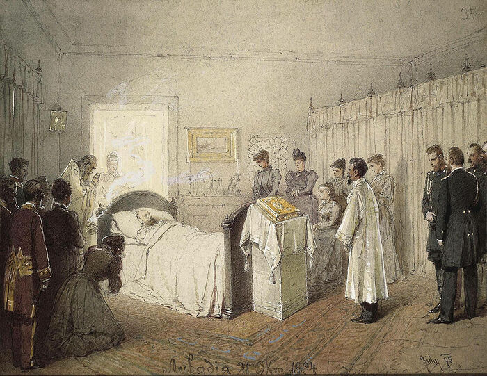 Михаил Зичи. Заупокойная служба по умершему Александру III в комнате Ливадийского дворца 21 октября 1894 г.