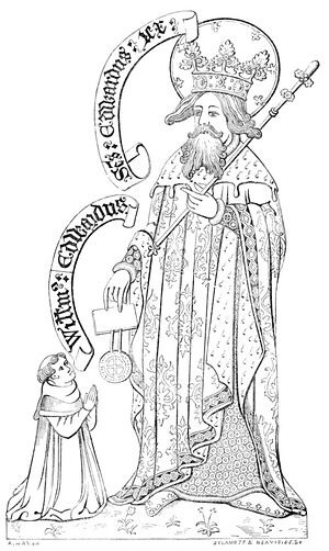 Edward the Confessor is bestowing grant upon St. Werstan (Archaeological Journal, Vol. 2, from Wikisource.org)