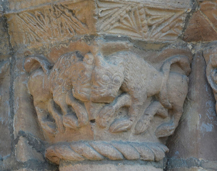Splendid carvings on the west door capital of Leominster Priory, Herefordshire (kindly provided by Robert Walker)
