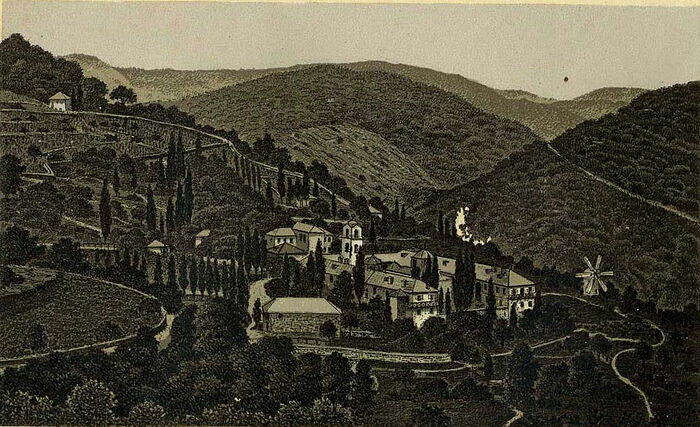 Lithograph of St. Elias Skete on Mt. Athos