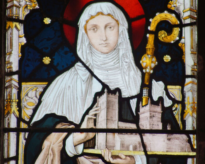 Detail of St. Cuthburga window at Wimborne Minster, Dorset (kindly provided by Gordon Edgar, The Minster Church of St. Cuthburga, Wemborne Minster)