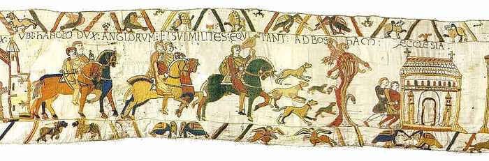 King Harold and his retinue are riding to Bosham before his ill-fated journey to Normandy, a scene from the Bayeux Tapestry (photo from Wikipedia)