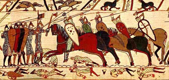 The Battle of Hastings shown on the Bayeux Tapestry (photo from Wikipedia)