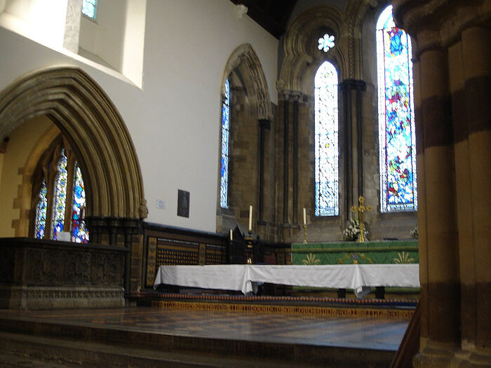 The High Altar and Ethelred I's brass at the Wemborne Minster Church, Dorset (photo from Wikipedia)