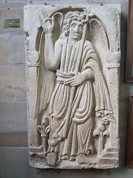 Replica of the Saxon angel's carving at the Priory Church of Sts. Mary and Hardulph in Breedon-on-the-Hill, Leics (provided by Rachel Askew)