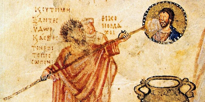 Иконоборцы Иоанн Грамматик и епископ Антоний Силлейский борются с фреской Христа, IX век