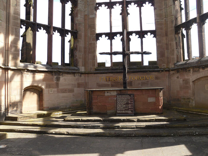 The altar and the Charred Cross by the bombed cathedral in Coventry, West Midlands. Photo by Irina Lapa