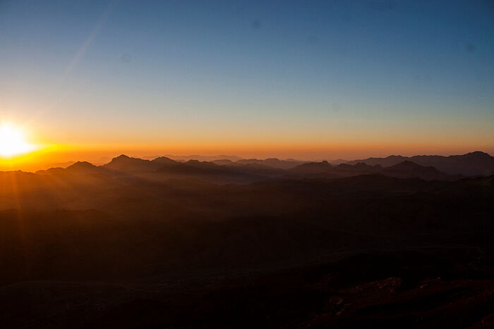 Dawn over Mt. Sinai transforms the whole mountain range