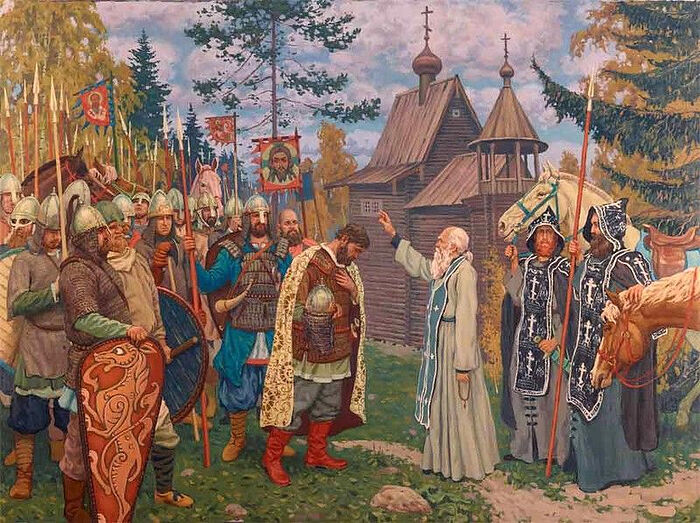 St. Sergius blessed St. Dmitry for the Battle of Kulikovo. Artist: Pavel Popov