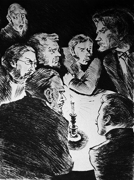 Illustration to Feodor Dostoevsky’s novel, Demons. “The Five”, 1935.