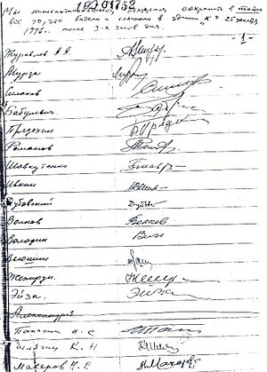 A copy of the signing of the non-disclosure agreement of those present at the start-up of the Soviet atomic reactor. Now declassified