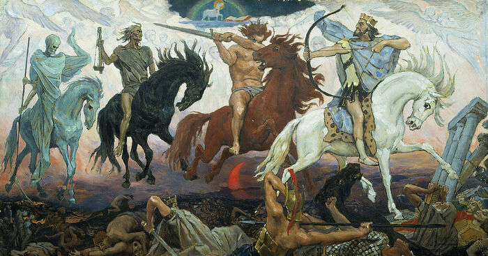 Four Horsemen of the Apocalypse, an 1887 painting by Viktor Vasnetsov. From left to right are Death, Famine, War, and Conquest; the Lamb is at the top.