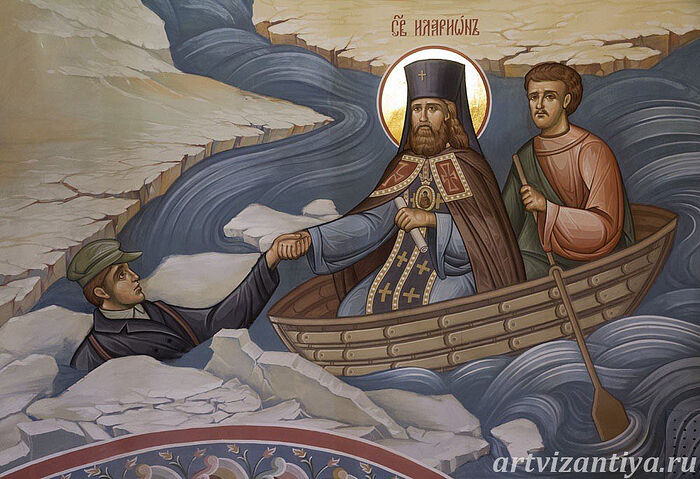 St. Hilarion (Troitsky) Rescues a Chekist at Solovki. Icon fragment from the Church of the Holy Protection of the Most Holy Theotokos at Butyrka Prison