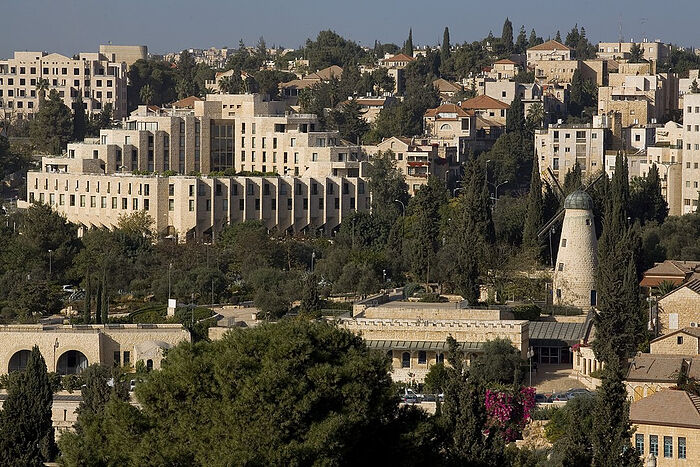 The Jerusalem neighborhood of Talbieh, viewed from the Old City of Jerusalem. The Inbal Hotel, the subject of the botched lease deal, can be seen in the foreground. Photo: timesofisrael.com