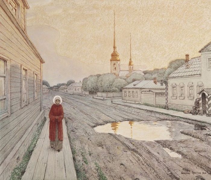 Κατά τη διάρκεια τής ημέρας, η Ευλογημένη Ξένια περιπλανιόνταν στην πόλη. Καλλιτέχνης: Αλεξάντερ Πρόστιεφ