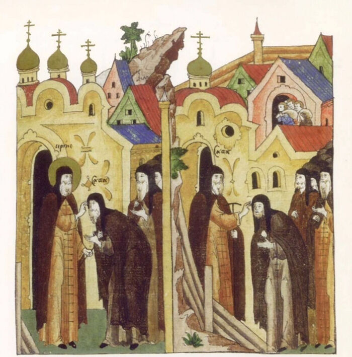 St. Sergius of Radonezh blesses Sts. Savva and Leonty