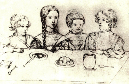 Дети Пушкина в 1841 году: Гриша, Маша, Таша, Саша. Михайловское. Рисунок Натальи Ивановны Фризенгоф