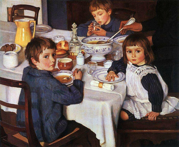 At breakfast. Painter: Zinaida Serebriakova