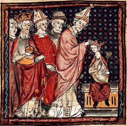 Папа Стефан IV короновал Людовика I эр Пия. Иллюминация, иллюстрирующая рукопись Grandes Chroniques de France. XIV-го века