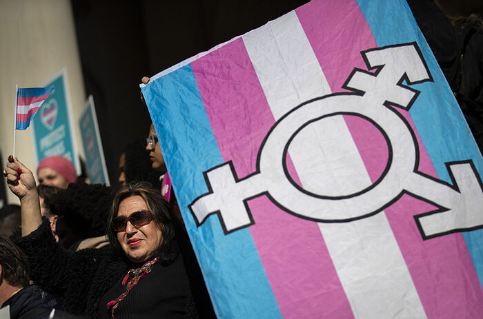 ЛГБТ-активисты и их сторонники проводят митинг в поддержку трансгендеров на ступенях мэрии Нью-Йорка 24 октября 2018 г. Фото: Drew Angerer / Getty Images