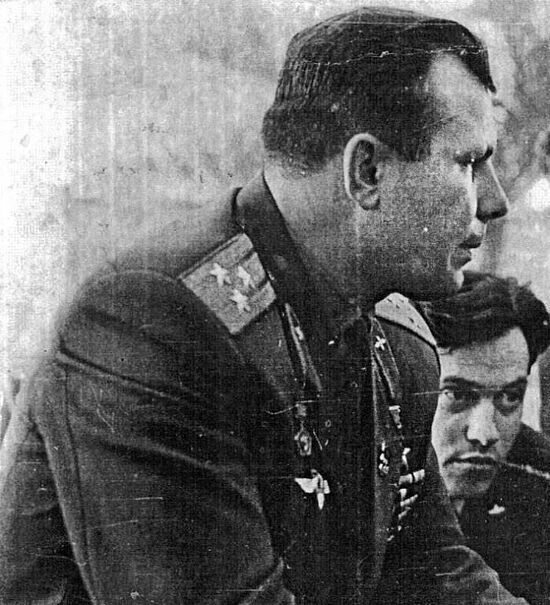 Yury Gagarin and Valentin Petrov at the twentieth congress of the Leninist Communist Youth League (Komsomol) of Ukraine. Kiev, 1966