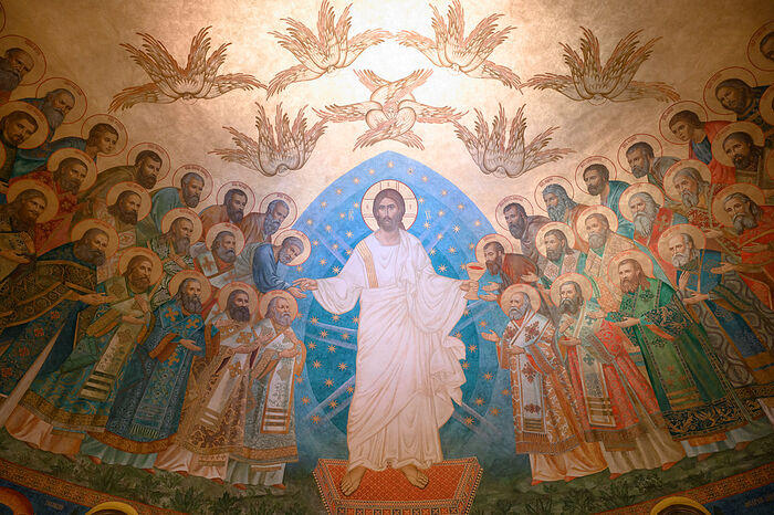 Господь, преподающий Тело и Кровь. Фреска собора Воскресения Христова и Новомучеников и исповедников Церкви Русской