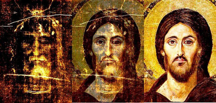 Сравнение лика с Туринской плащаницы с ликом на иконе «Христос Пантократор» (VI в., монастырь св. Екатерины на Синае, Египет)