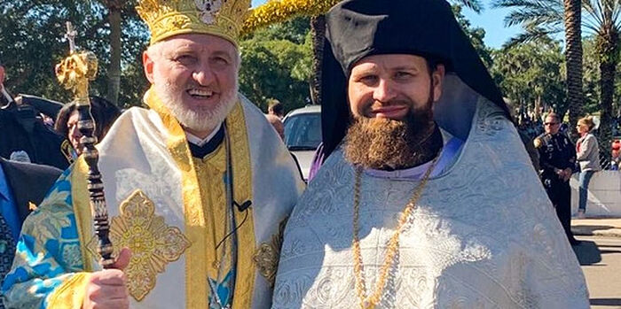 Defrocked Alexander Belya with Archbishop Elipdophoros of GOARCH, which plans to make him a bishop. Photo: stmatrona.com