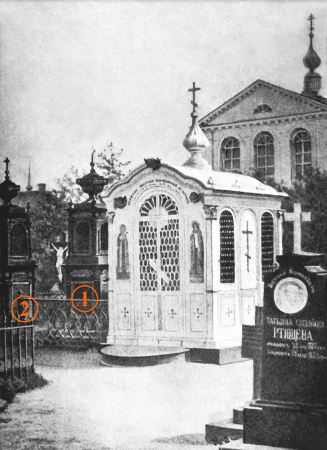 The original view of the burial site of Elder Leo: (1) monument on the grave of Elder Leo; (2) the same monument on the grave of Alexei Zhelyabuzhsky