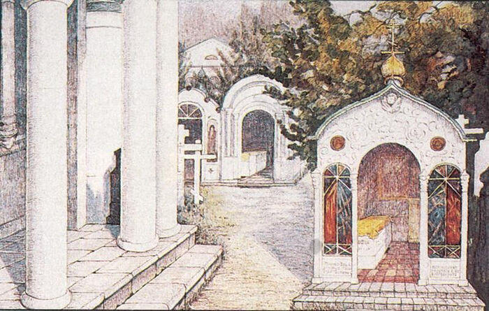 A drawing of the chapel over the graves of Elders Anatoly (Zertsalov) on the right and Barsanuphius on the left