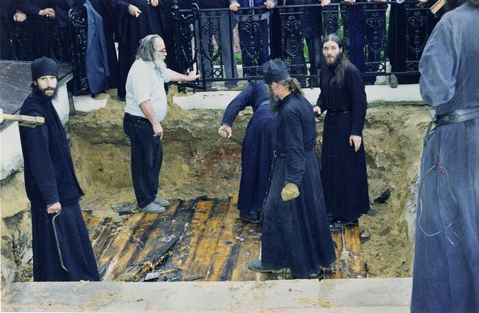 Wooden covering over the supposed crypts of Elders Leo and Macarius after their first excavation in 1990