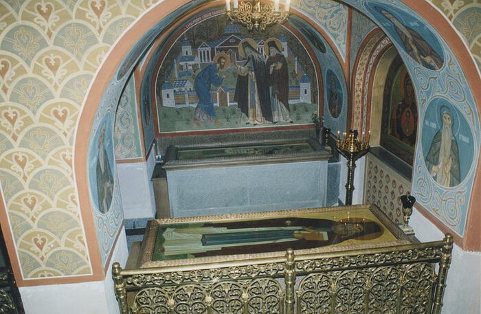 The granite reliquaries with the holy relics of the Optina Elders Sts. Leo and Macarius (in the foreground)
