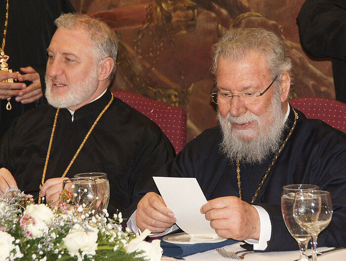 Abp. Elpidophoros and Abp. Chrysostomos during the latter's visit to the U.S. in 2020. Photo: goarch.org