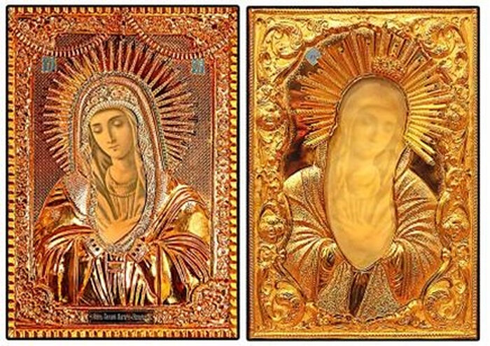 Икона Божией Матери «Умиление» Локотская. Слева – типографская печать на бумаге, справа – нерукотворный образ на обратной стороне. Оклад сделан на обе стороны иконы.