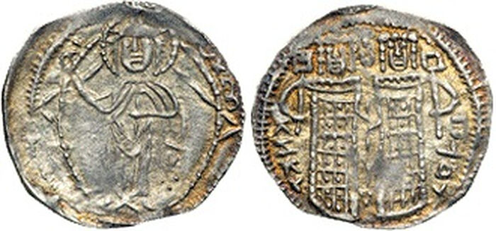 Базиликон, 1347–1354 гг., серебро. Аверс – Иисус Христос, реверс – Иоанн V и Иоанн VI Кантакузин. Константинополь 