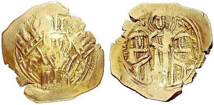 Золотой гиперпирон Иоанна V Палеолога и Иоанна VI Кантакузина. Ок. 1347–1353. Аверс – Богоматерь Оранта в стенах Константинополя, реверс – Христос, коронующий двух Иоаннов